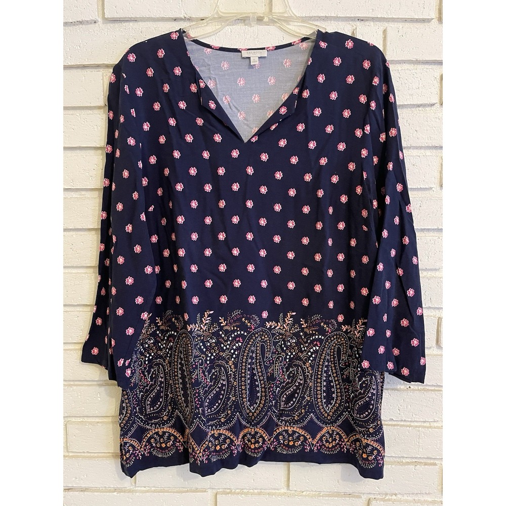 Talbots Women Sz. Lg Blue w/Pink Floral Paisley Casual Comfort Office